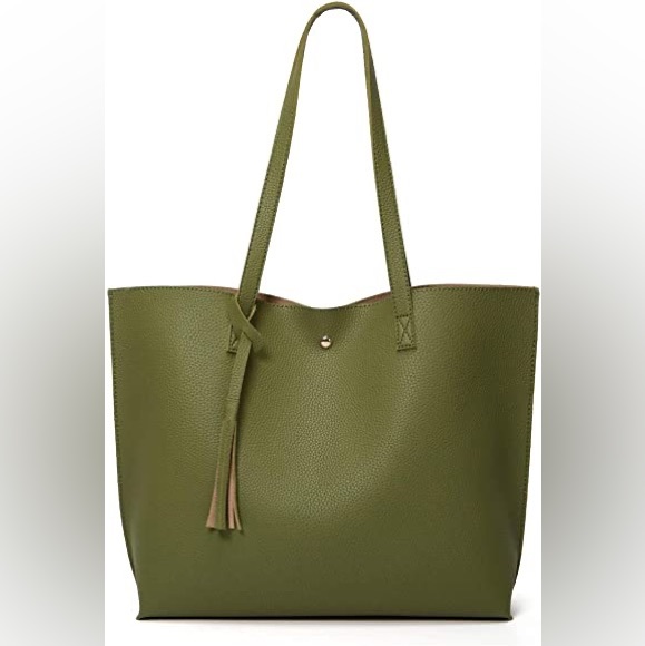 Handbags - OLIVE GREEN SOFT FAUX LEATHER TOTE SHOULDER BAG